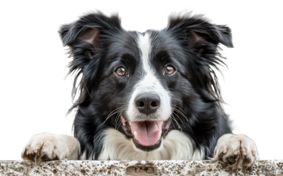 Playful border collie peeking over edge with excited expression, cut out - stock png.
