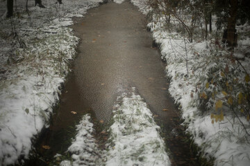 A large puddle in the forest. Frozen puddle in winter. First snow on the road.