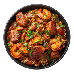 Cajun-inspired shrimp and sausage jambalaya with rice and vegetables, cut out - stock png.