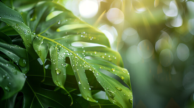 Closeup of tropical Monstera plant leaf with water drops