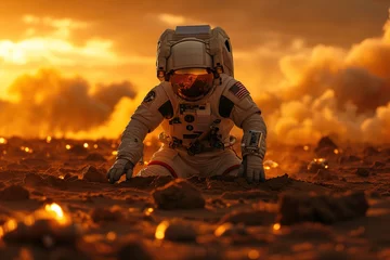 Fotobehang The intensity of exploration is captured as an astronaut inspects the alien terrain of a distant planet amid the glowing light of a sunrise © Jelena