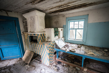 Interior of cottage in abandoned Stechanka village in Chernobyl Exclusion Zone, Ukraine