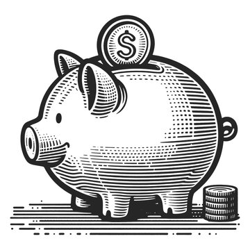 piggy bank with a dollar coin, symbolizing savings and investment sketch engraving generative ai vector illustration. Scratch board imitation. Black and white image.
