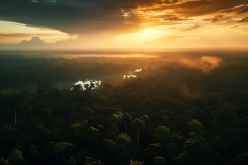 Fototapeta na wymiar Aerial view of beautiful sunset over the forest and lake in the morning