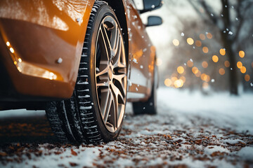 a car wheel close-up on the background of a winter snow-covered road with ice in city street, the concept of traffic safety on a slippery road - obrazy, fototapety, plakaty