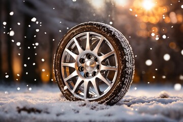 a car wheel on the background of a winter snow-covered forest, beautiful landscape, a concept of traffic safety on a slippery road