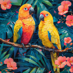 Vibrant Jungle with Parrots: Lime Hues, Japanese Brushwork