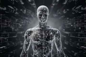 a robot with human body made of disintegrating squares and cubes, standing in front of a digital background with abstract particles in space, cybernetics, computer rendering - 757592852