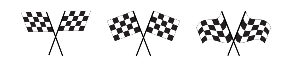 Set of crossed race flags with checkered black and white pattern. Sport car competition start or finish symbols. Rally or motocross props. Victory or success signs. Vector flat illustration