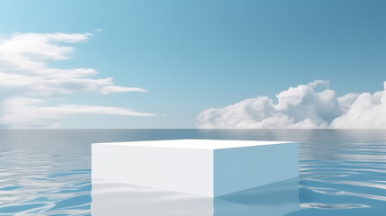 White cube podium floating in the ocean, surreal background for product photography