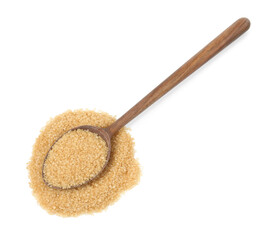 Pile of brown sugar and wooden spoon isolated on white, top view