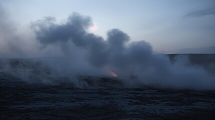 Fototapeta na wymiar Whispering, silky smoke flows over a shadowy landscape, softly lit by ground lights.