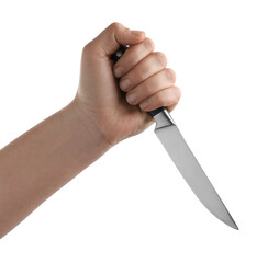 Woman holding knife on white background, closeup