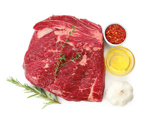 Fresh raw beef cut and products isolated on white, top view