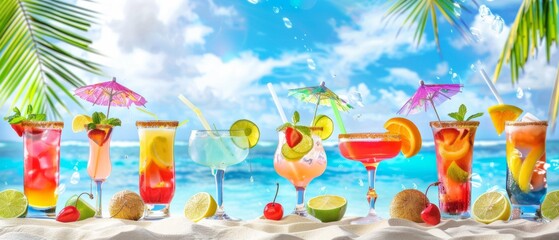 Colorful cocktails and colorful drinks on the beach with a blue sky, white clouds, sea water, sand, palm trees, decorations in the style of a caribbean style Generative AI