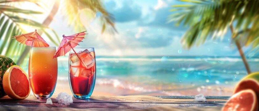 Colorful cocktails and tropical drinks on the beach with space for text, banner panorama Generative AI