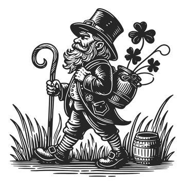 leprechaun gnome carrying a four-leaf clover and a walking stick Irish folklore sketch engraving generative ai fictional character vector illustration. Scratch board imitation. Black and white image.
