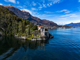 Aerial view of Villa Balbianello peninsula on Lake Como