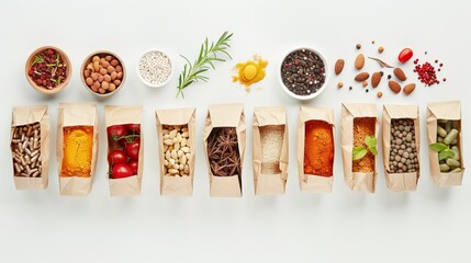 A full paper bag filled with different healthy foods, arranged on a white background. This top-down view presents the items in a flat lay style, making them easily visible and accessible.
