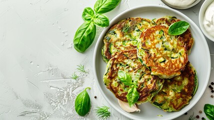 Green zucchini fritters, vegetarian zucchini pancakes with fresh herbs and garlic, served with cream sauce on a white background. Selective focus is applied to enhance the visual appeal of the dish.