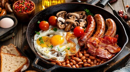 A traditional Full English Breakfast featuring sunny-side-up fried eggs, sausages, beans, mushrooms, and bacon.