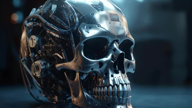 Metal shiny iron futuristic high tech cyborg robot skull