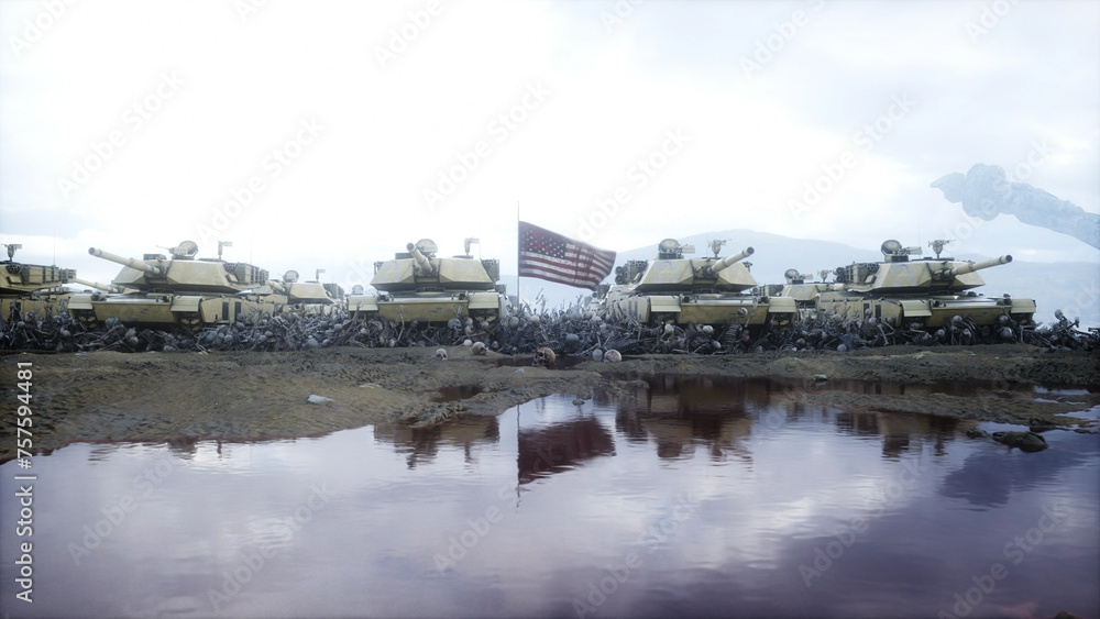 Sticker American military tanks Abrams and skulls. Help for ukraine. Anti war concept. 3d rendering.