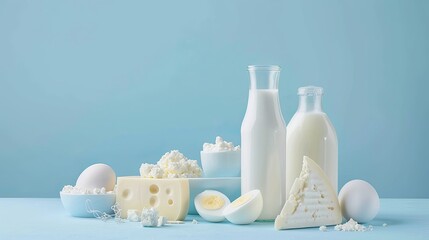 Fototapeta na wymiar A still life arrangement of various dairy products, including milk, cheese, eggs, yogurt, sour cream, cottage cheese, and butter, set against a blue background.