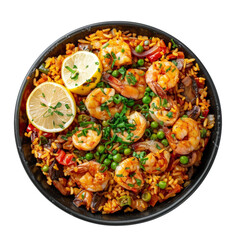 Savory shrimp and chicken paella with fresh vegetables, cut out - stock png.