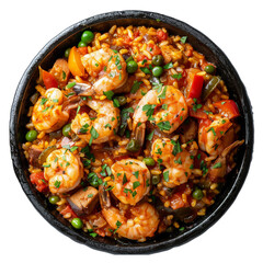 Fototapeta na wymiar Savory shrimp and chicken paella with fresh vegetables on transparent background - stock png.
