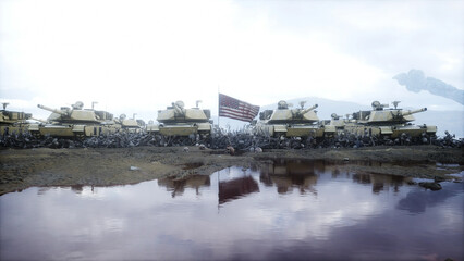 American military tanks Abrams and skulls. Help for ukraine. Anti war concept. 3d rendering.