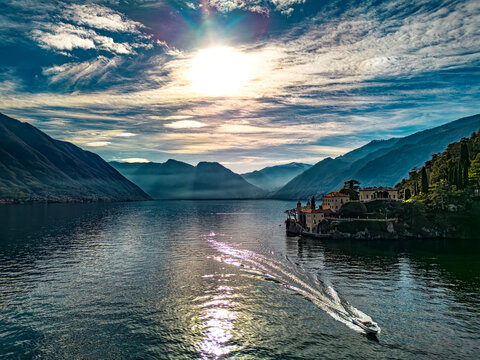 Aerial view of Villa Balbianello peninsula on Lake Como