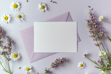 Lavender card, daisies, and a white, empty invitation mockup captured flawlessly in HD.