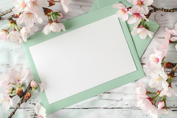 Mint-green card, cherry blossoms, and a white, empty invitation scene in high definition. - obrazy, fototapety, plakaty