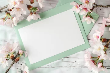 Fotobehang Mint-green card, cherry blossoms, and a white, empty invitation scene in high definition. © sdk