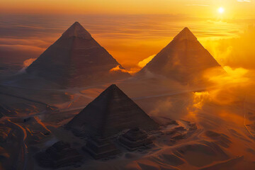 Aerial view of the iconic pyramids of Giza bathed in the warm hues of a sunset. - obrazy, fototapety, plakaty