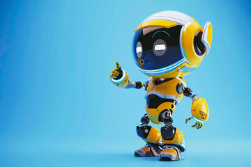 A yellow and black robot is pointing at something.