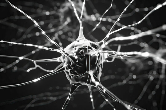Close-up of black and white human brain with visible firing neurons.