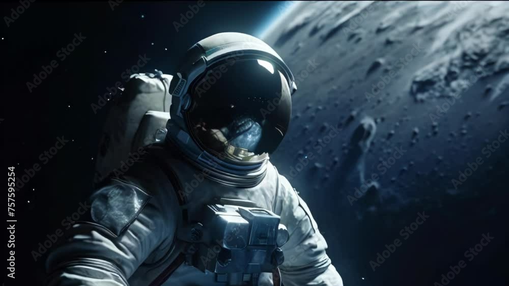 Poster astronaut in a spacesuit on an asteroid or planet moon in outer space. ai generated