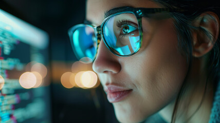 computer programming code reflecting on developer woman's glasses. Cyber security and personal data protection.