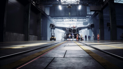 Robot walking. Production of military futuristic ship at the factory. Future concept. 3d rendering.