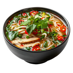 Traditional pho with beef, basil, and sliced chili, cut out - stock png.