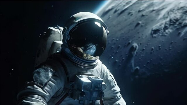 Astronaut in a spacesuit on an asteroid or planet moon in outer space. AI generated