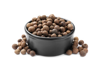 Dry allspice berries (Jamaica pepper) in bowl isolated on white