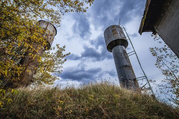 Water tower of abandoned Radioecology Laboratory in former fish farm in Chernobyl Exclusion Zone - obrazy, fototapety, plakaty