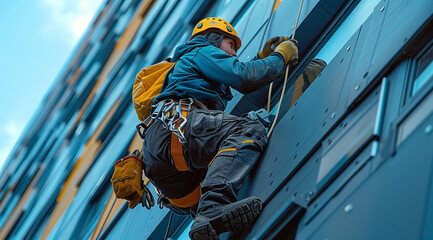 Industrial Climber Repairing Modern Building Facade
