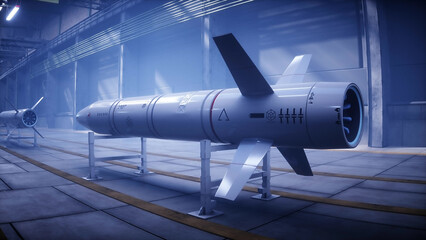Military tactic rocket factory, production line. War concept 3d rendering.