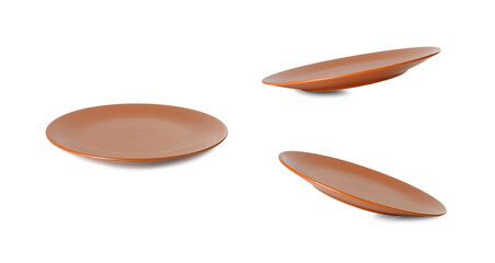 Empty ceramic plate isolated on white, set with different views