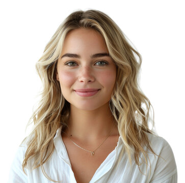 Blonde woman with necklace and white shirt smiling on transparent background - stock png.