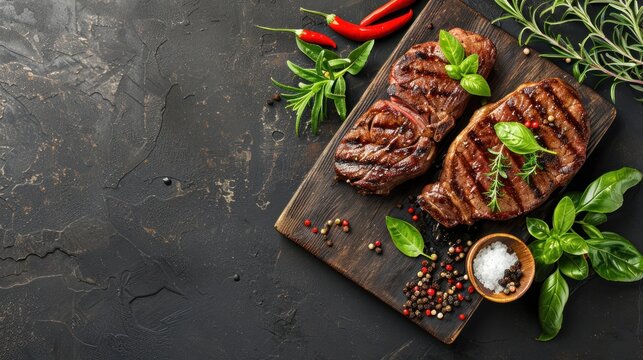 Top view tasty grilled ribeye beef steak food on dark grey background. AI generated image